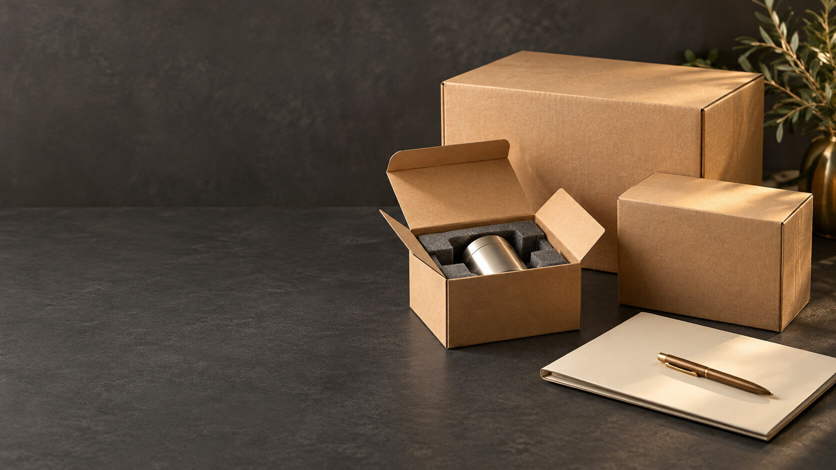 AI concept visual of unbranded product packaging and a purchasing brief